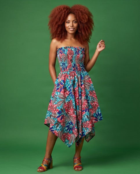 African Print Strapless Midi Dress with Matching Headwrap - Smocked Ankara Handkerchief Hem Dress