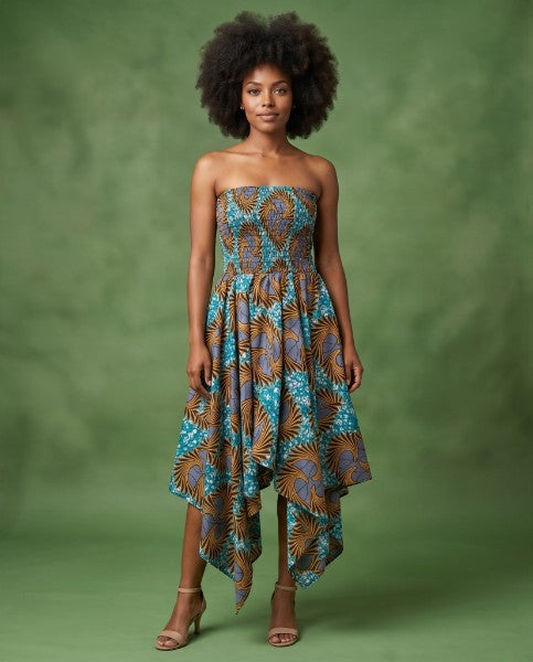 African Print Strapless Midi Dress with Matching Headwrap - Smocked Ankara Handkerchief Hem Dress