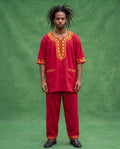 Red Dashiki Pant Set for Men - 2 Piece African Outfit with Matching Hat