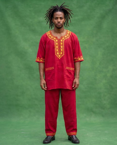 Red Dashiki Pant Set for Men - 2 Piece African Outfit with Matching Hat
