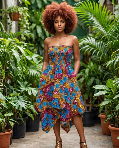 African Print Strapless Midi Dress with Matching Headwrap - Smocked Ankara Handkerchief Hem Dress