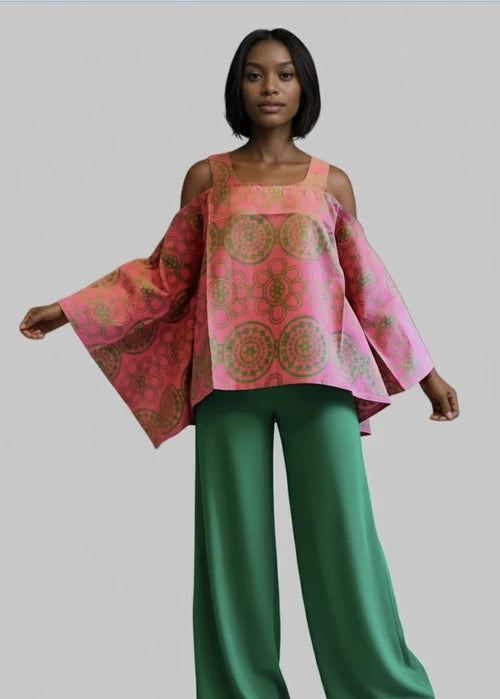 Cold Shoulder Blouse - Pink and Green