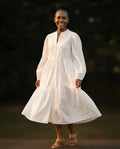 Women's Tiered Peasant Dress with Lace Inserts, Off White, Size Large