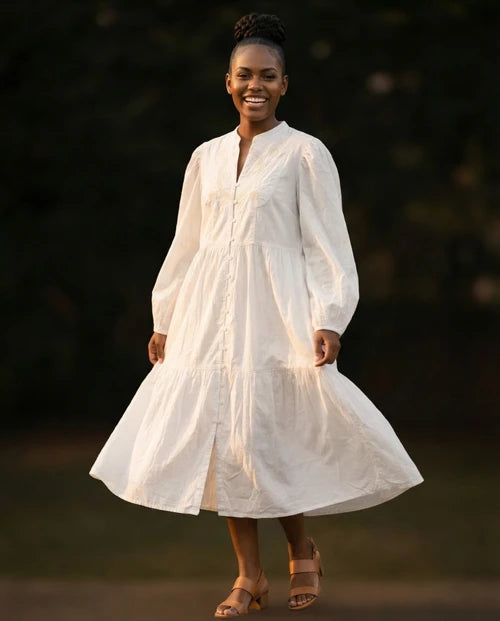 Women's Tiered Peasant Dress with Lace Inserts, Off White, Size Large