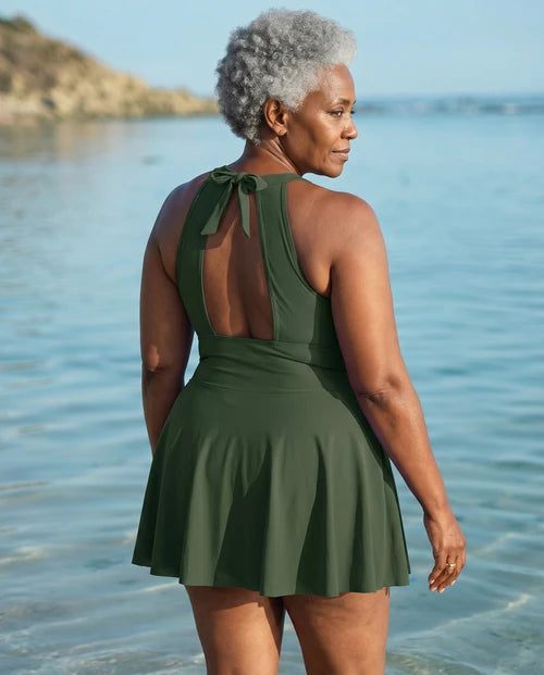 Plus Size Halter Ruched Sleeveless Swim Dress