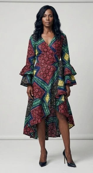 Ruffle Sleeve Hi-Low Ankara Print Dress