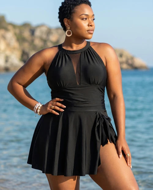 Plus Size Halter Ruched Sleeveless Swim Dress