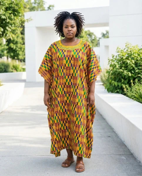 Kente Patterned Kaftan with Embroidered collar