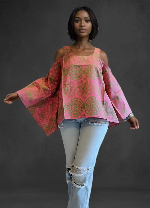 Cold Shoulder Blouse - Pink and Green