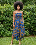 African Print Strapless Midi Dress with Matching Headwrap - Smocked Ankara Handkerchief Hem Dress