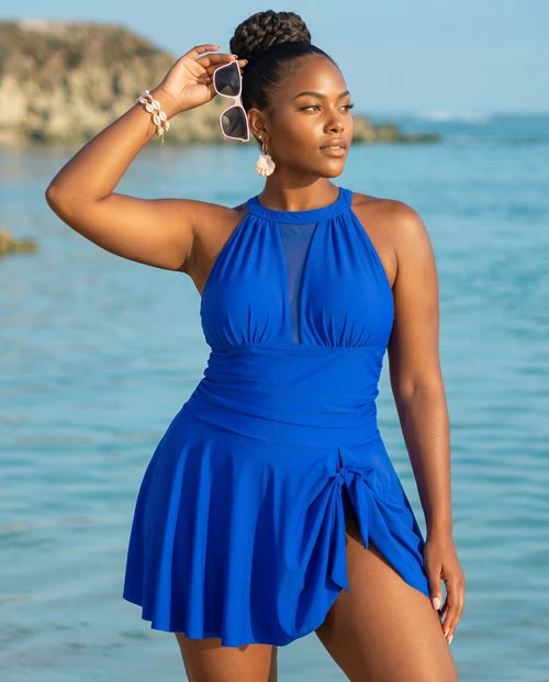 Plus Size Halter Ruched Sleeveless Swim Dress