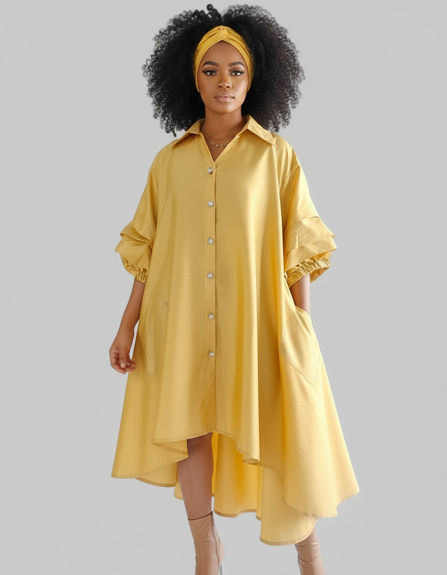 Swing Dress/ Faux Silk / Ruffle Sleeve
