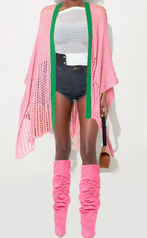Ruana Pink and Green Crochet Kimono