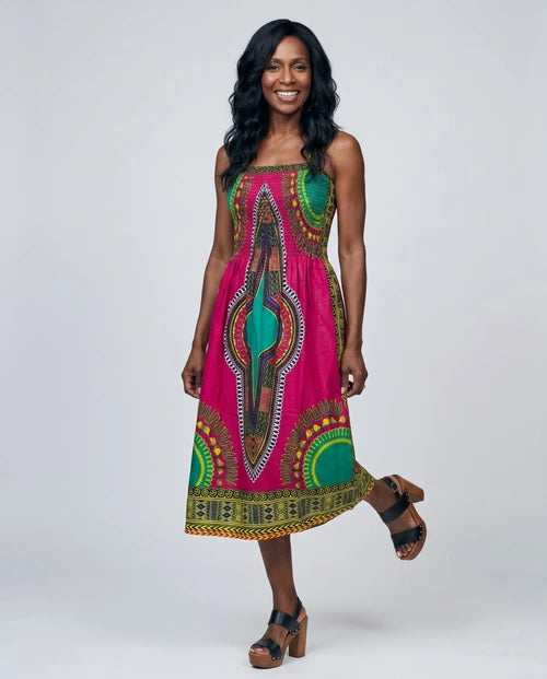 Dashiki Print Spaghetti Strap Midi Dress