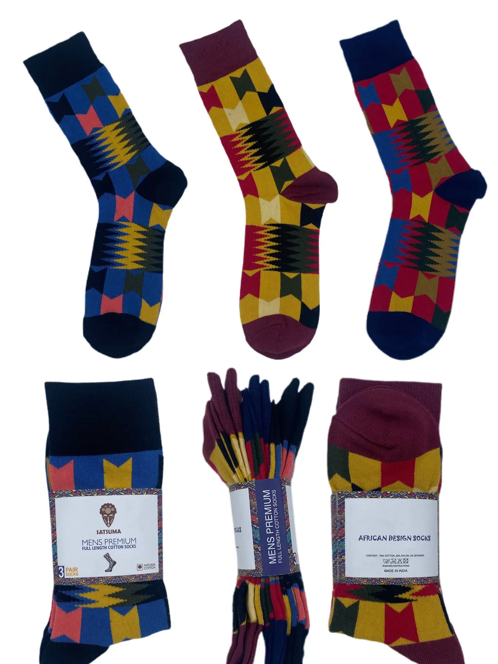 Unisex Kente Print Socks - 3 Pack African Crew Socks