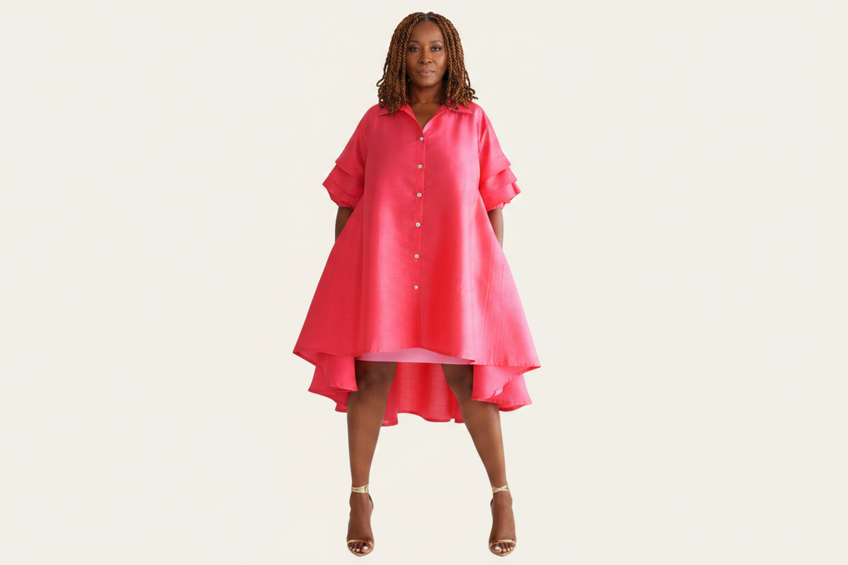 Swing Dress/ Faux Silk / Ruffle Sleeve