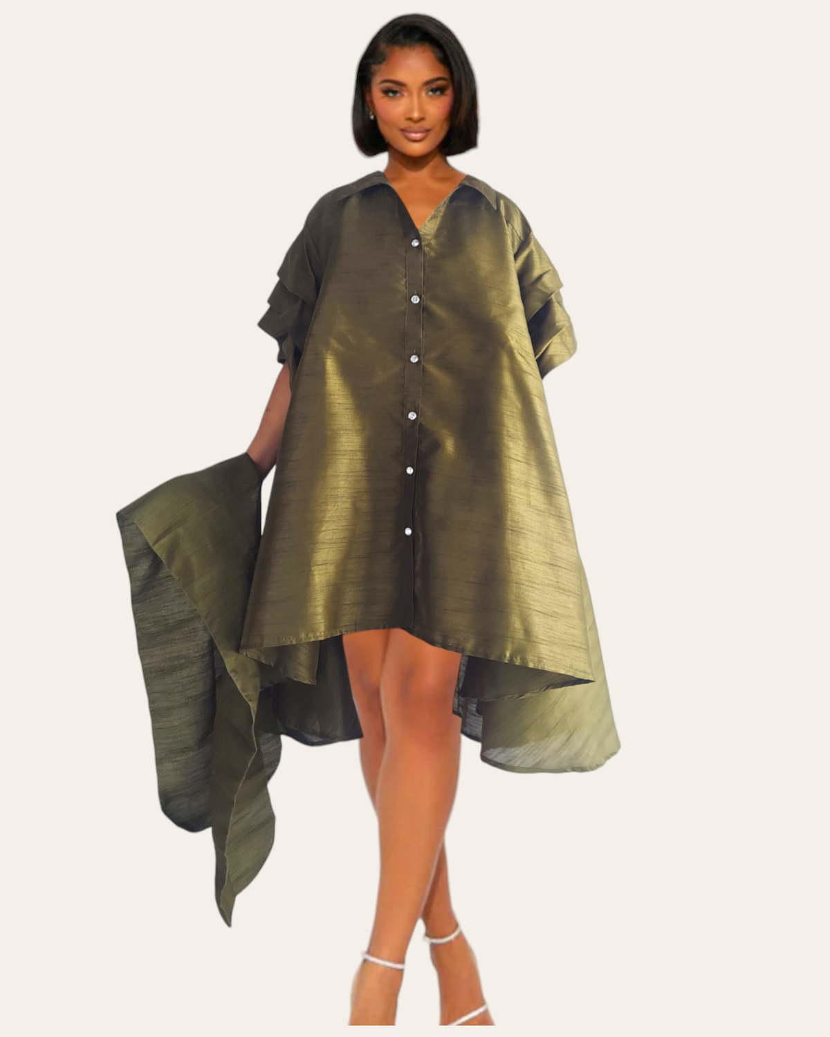 Swing Dress/ Faux Silk / Ruffle Sleeve