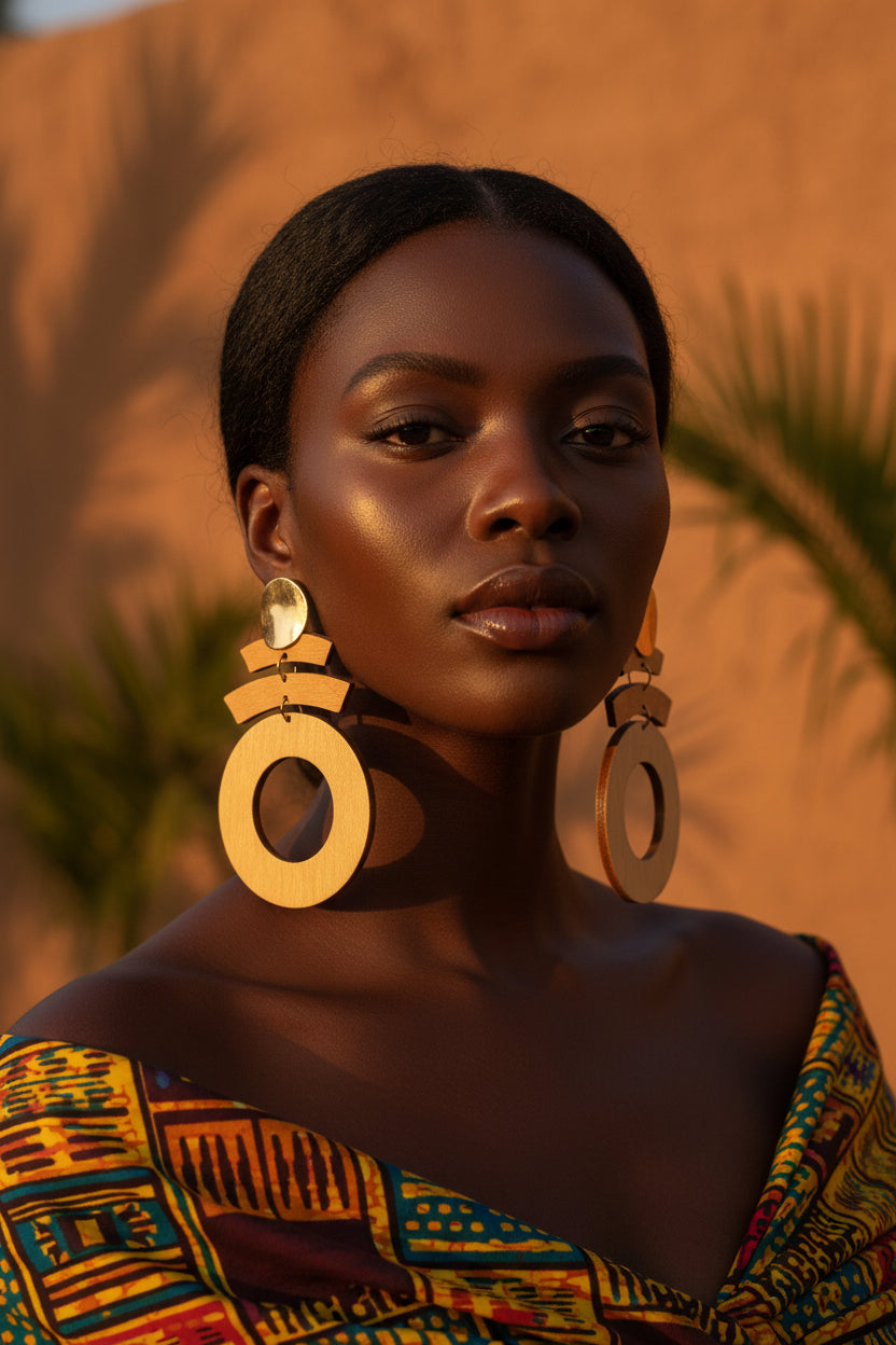 Bold Statement Earrings - Geometric Wood & Gold Drop Dangles