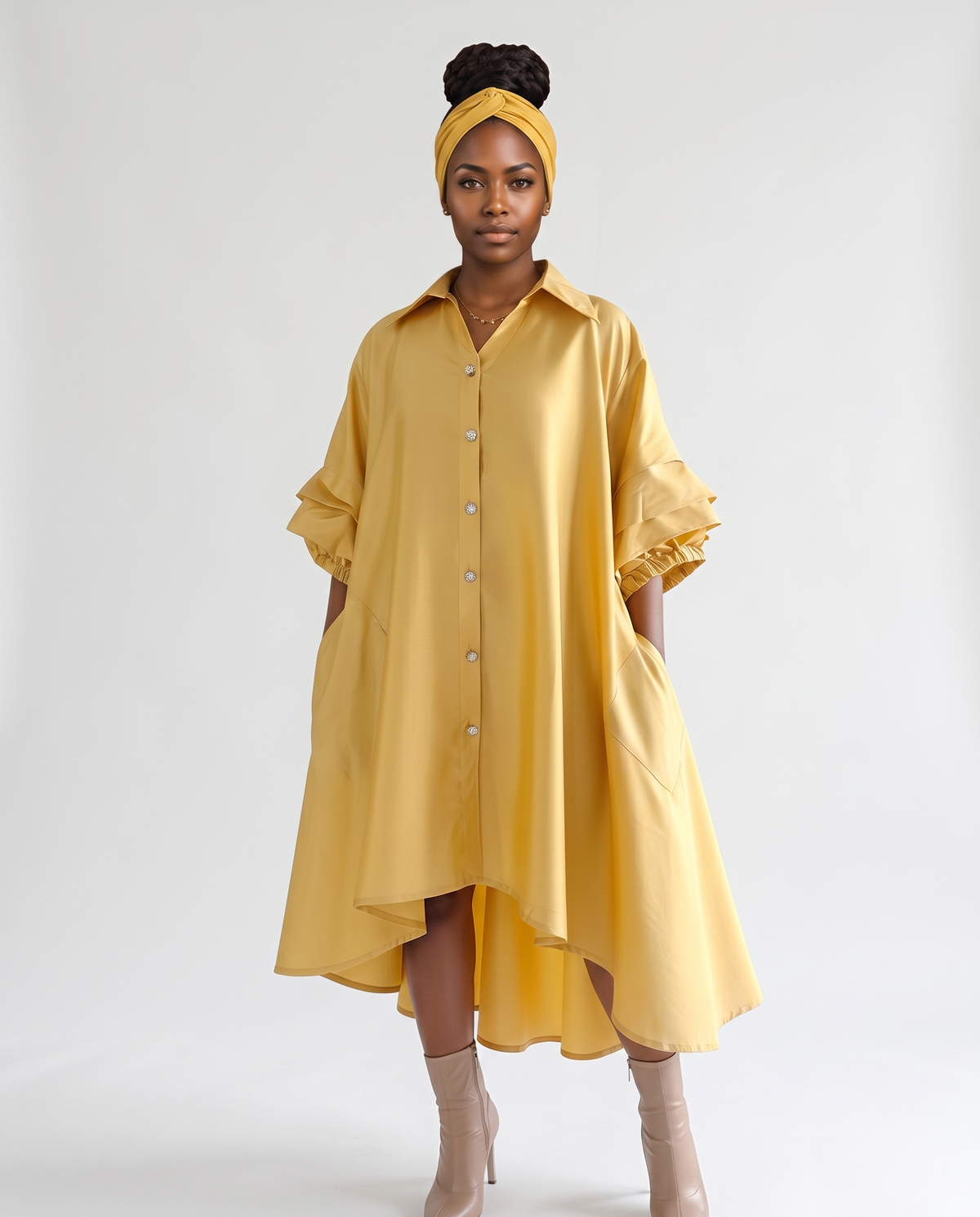 Swing Dress/ Faux Silk / Ruffle Sleeve