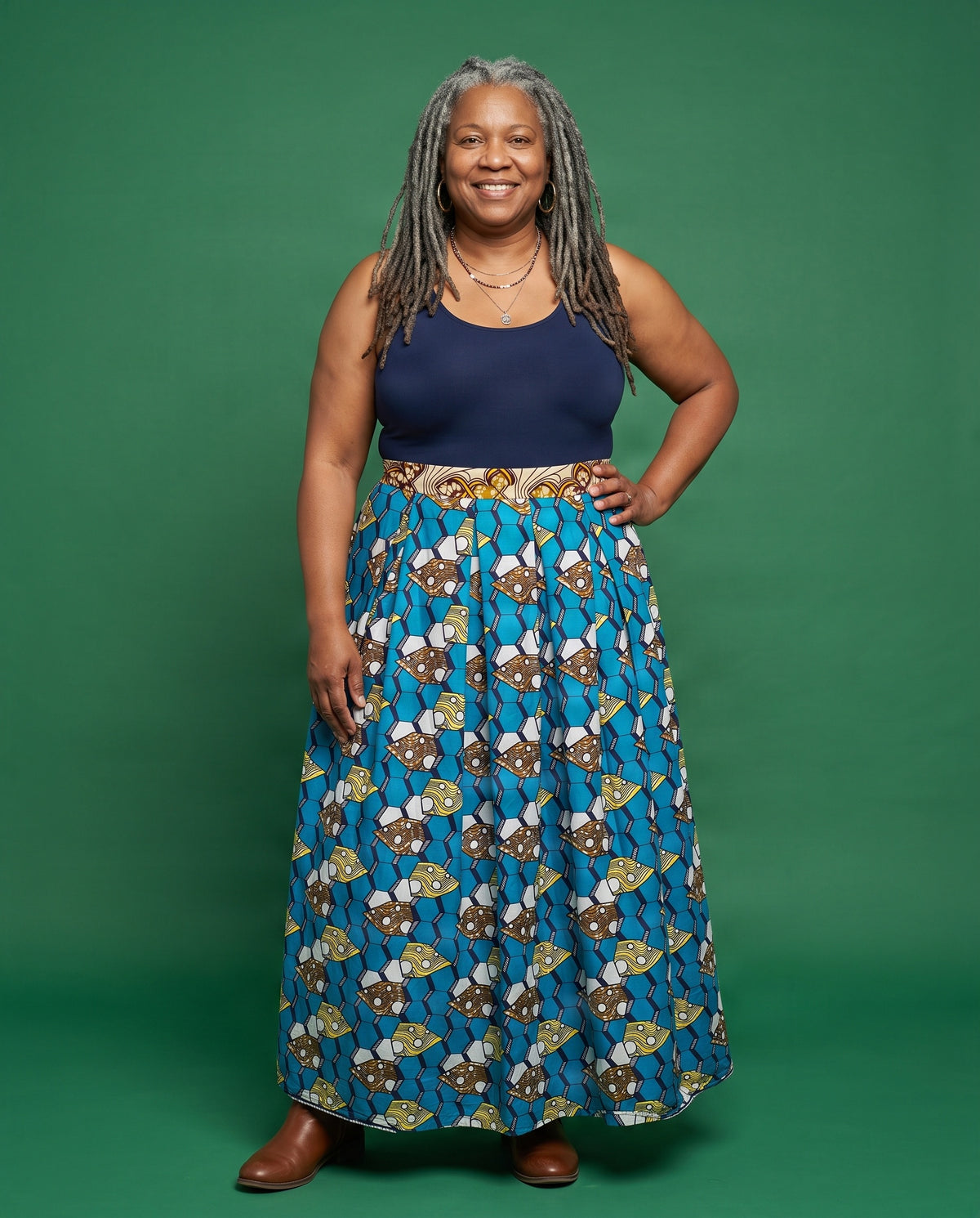 Amara Geometric Ankara Wax Maxi Skirt - Vibrant Teal & Gold