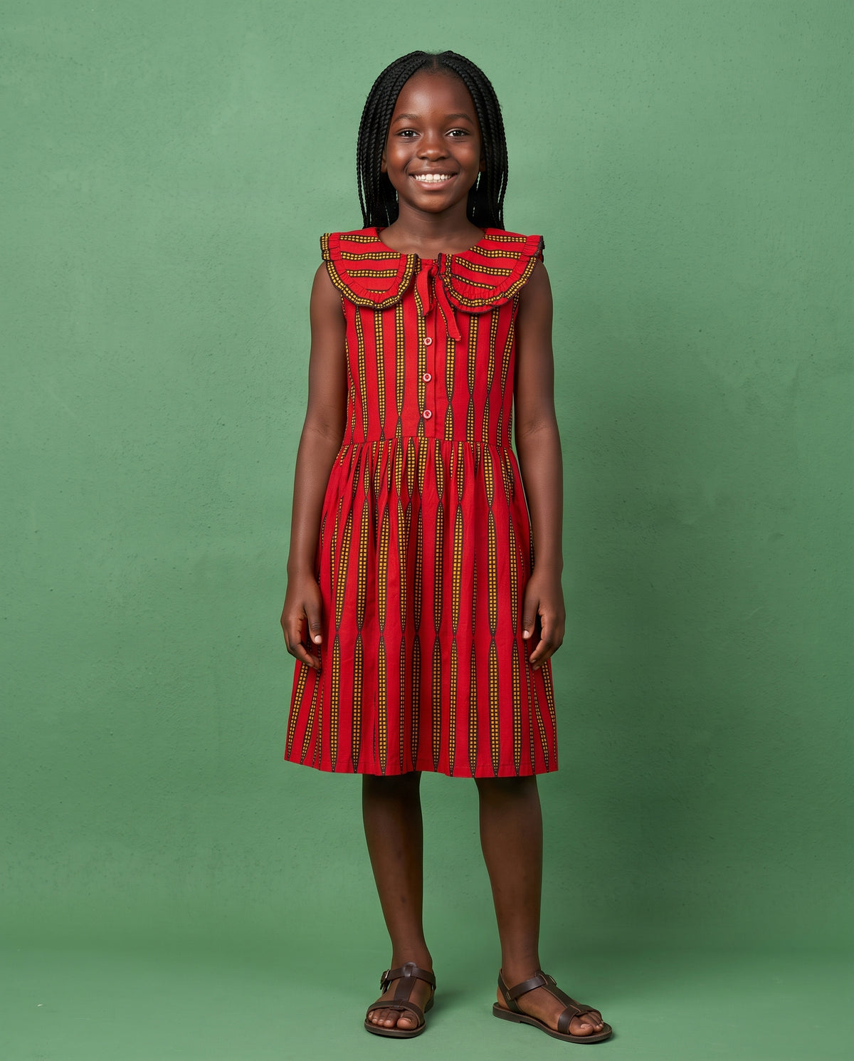 Girls’ African Print Dress – Red & Gold