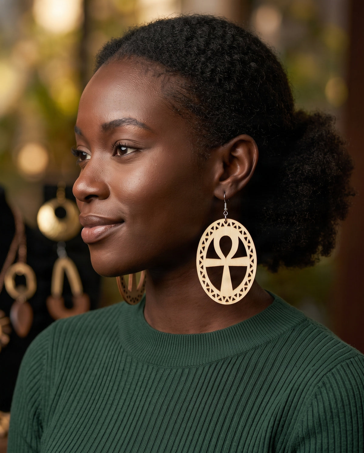 Wooden Ankh Statement Dangle Earrings – Afrocentric Laser-Cut Jewelry