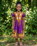 Girls’ African Print Dress – Purple & Gold