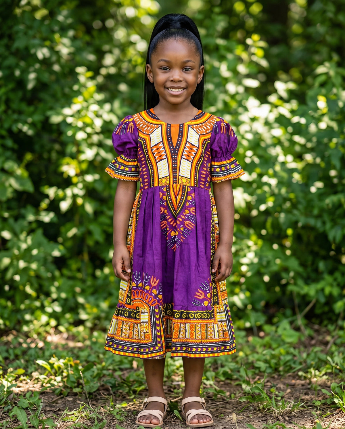 Girls’ African Print Dress – Purple & Gold