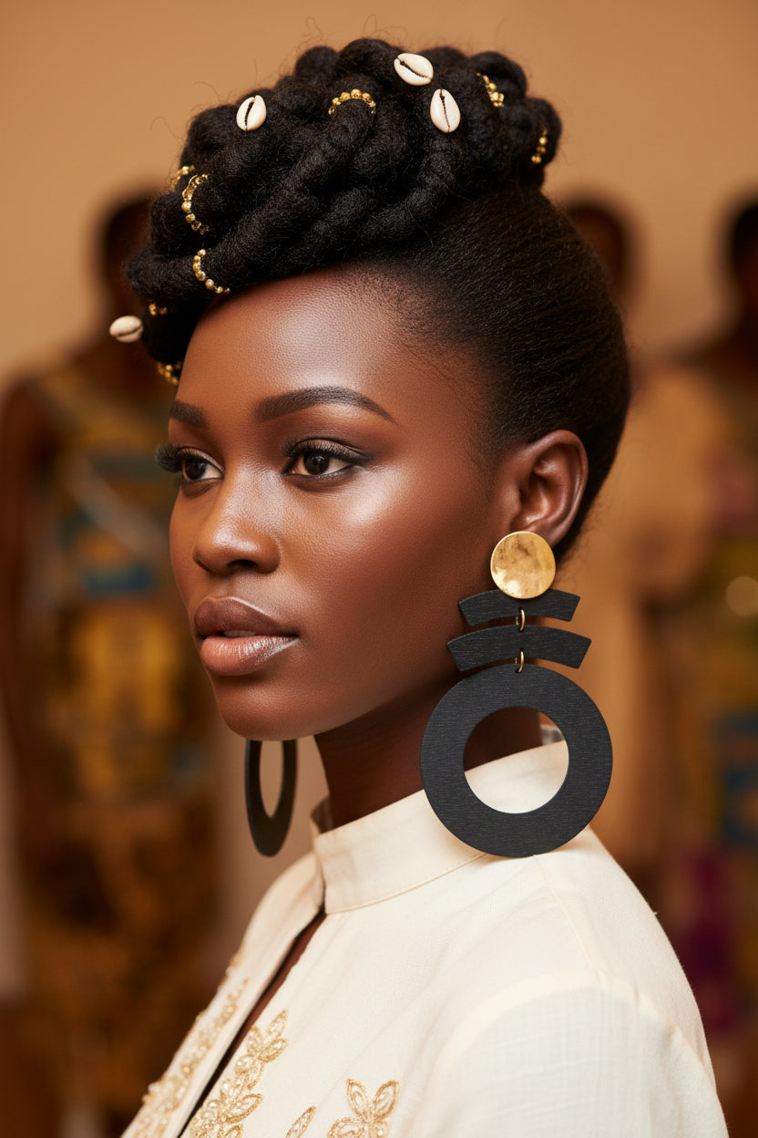 Bold Statement Earrings - Geometric Wood & Gold Drop Dangles