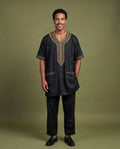 Black Embroidered V-Neck Men’s Tunic Set