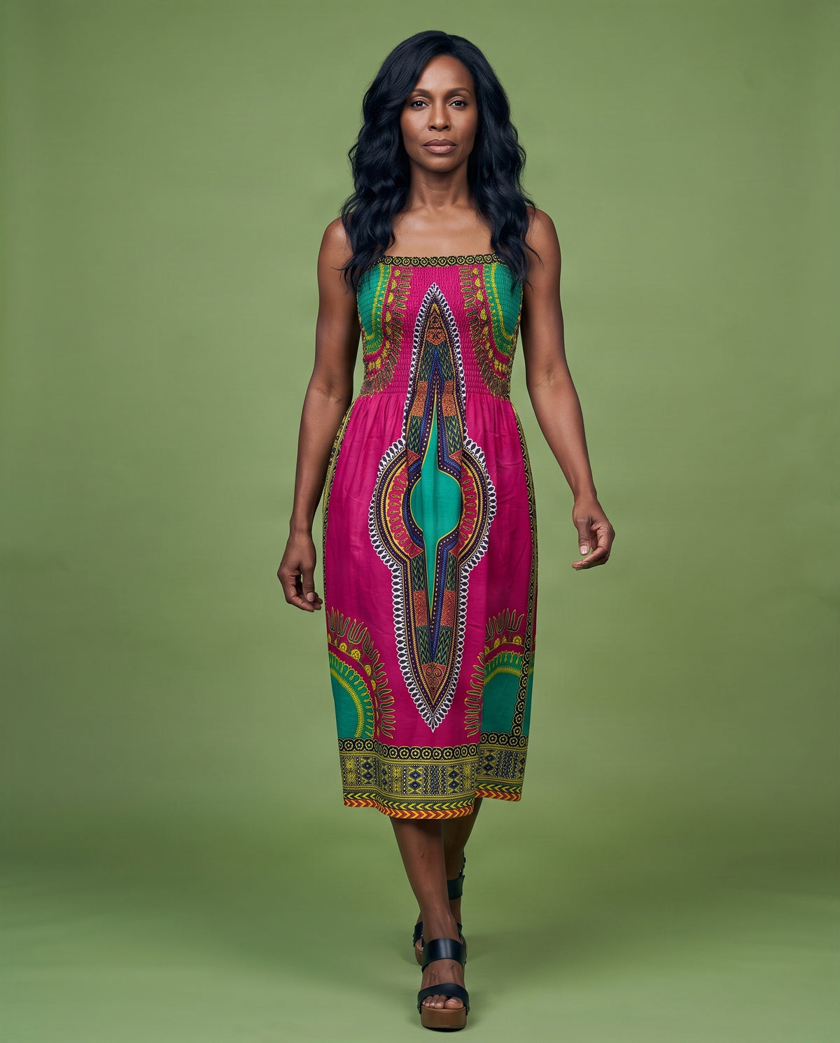 Dashiki Print Spaghetti Strap Midi Dress