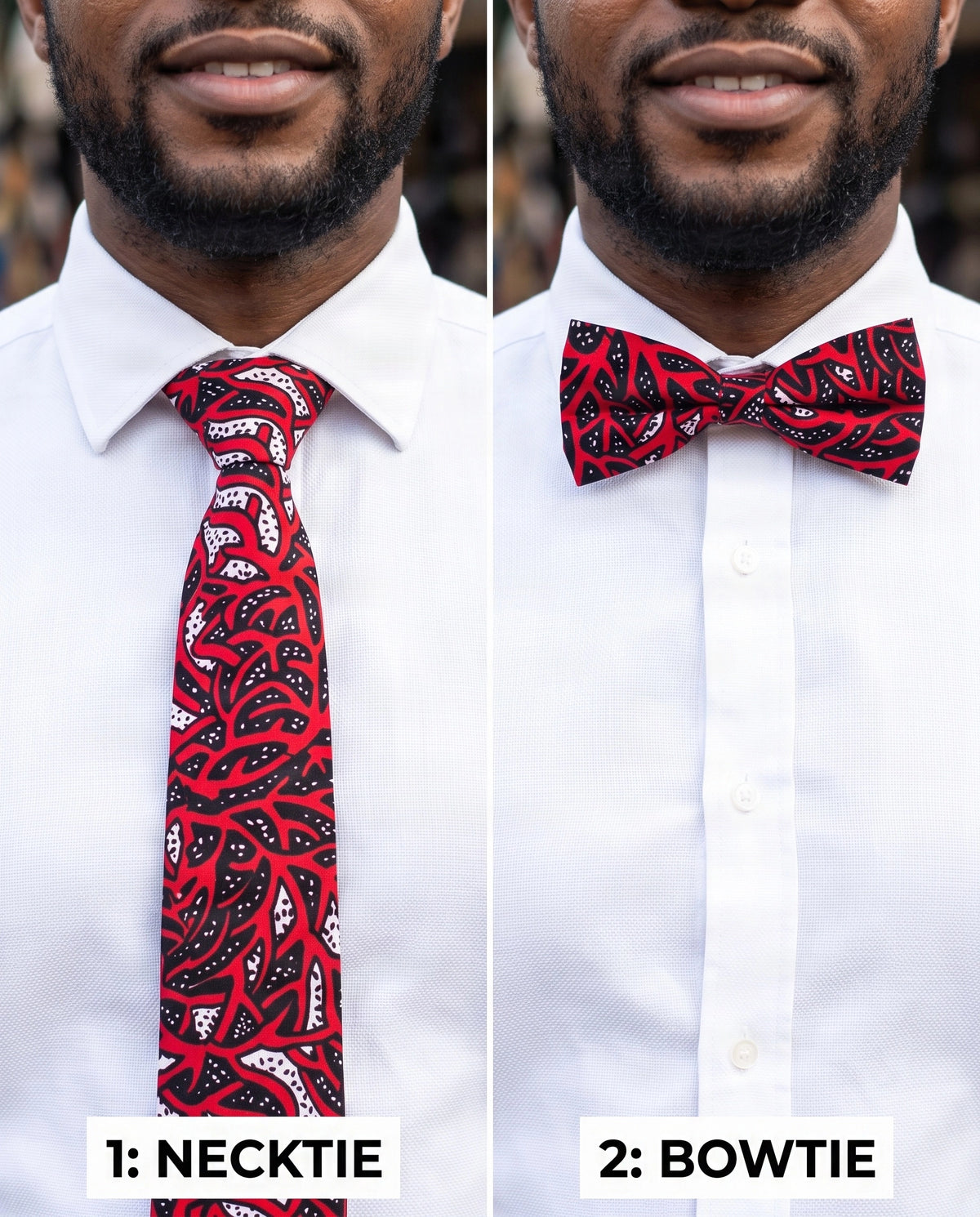 Crimson Pulse African Print Tie & Bow Tie Set | Red and Black Ankara Matching Set