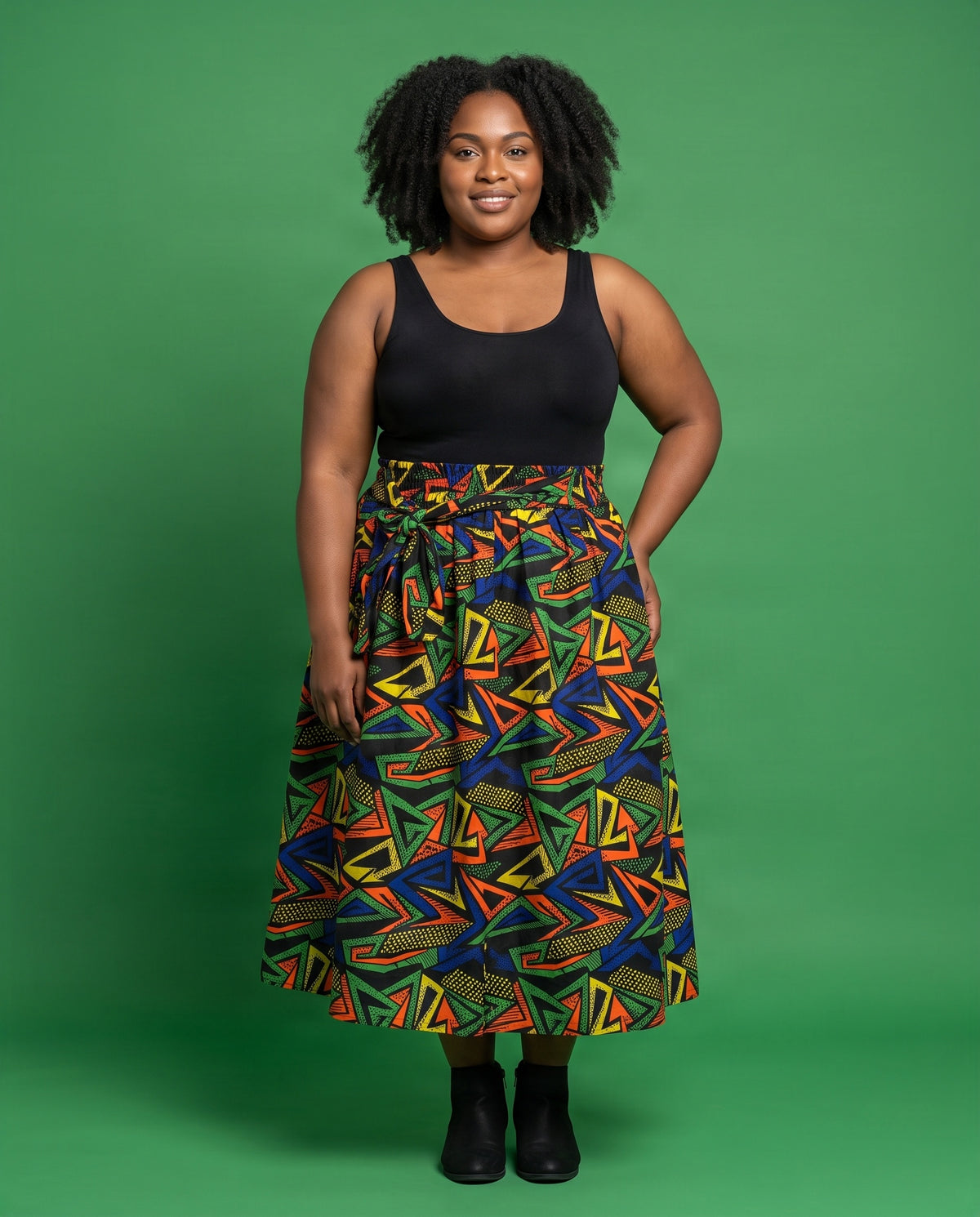 Vibrant Geometric Ankara African Print Midi Skirt with Tie Waist