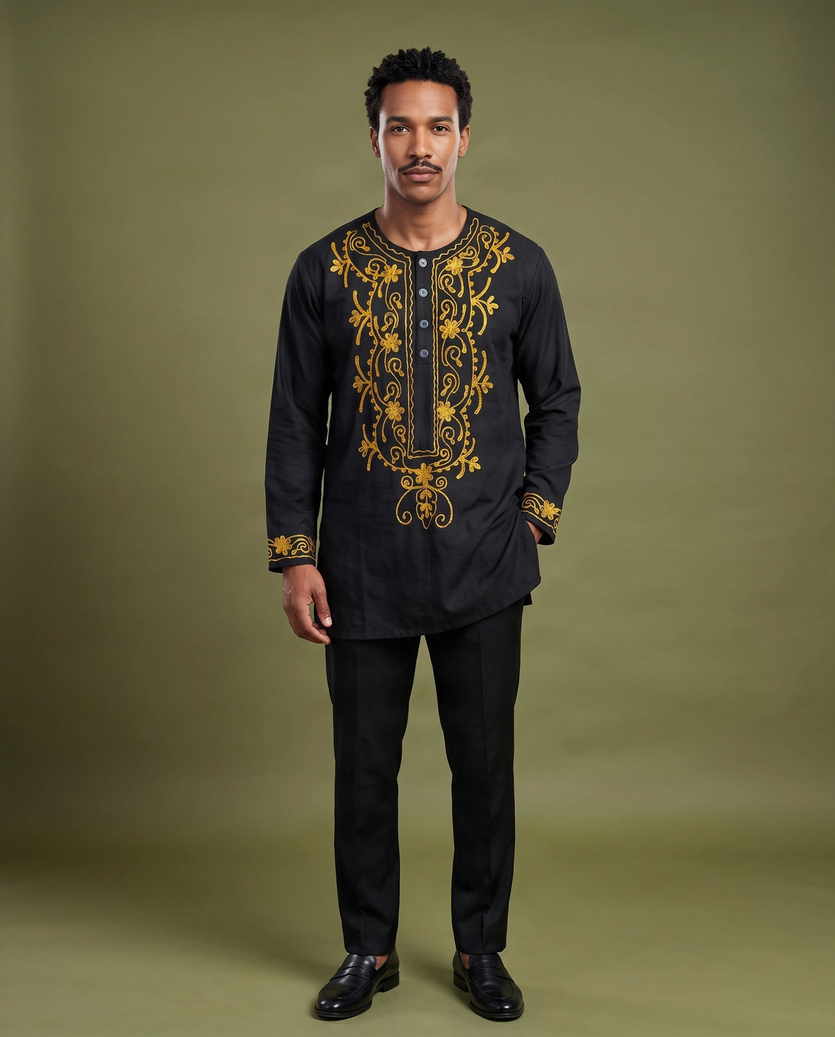 Black & Gold Embroidered Men’s African Tunic Set