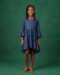 Girls' Tiered Denim Ruffle-Sleeve Dress Dark Wash