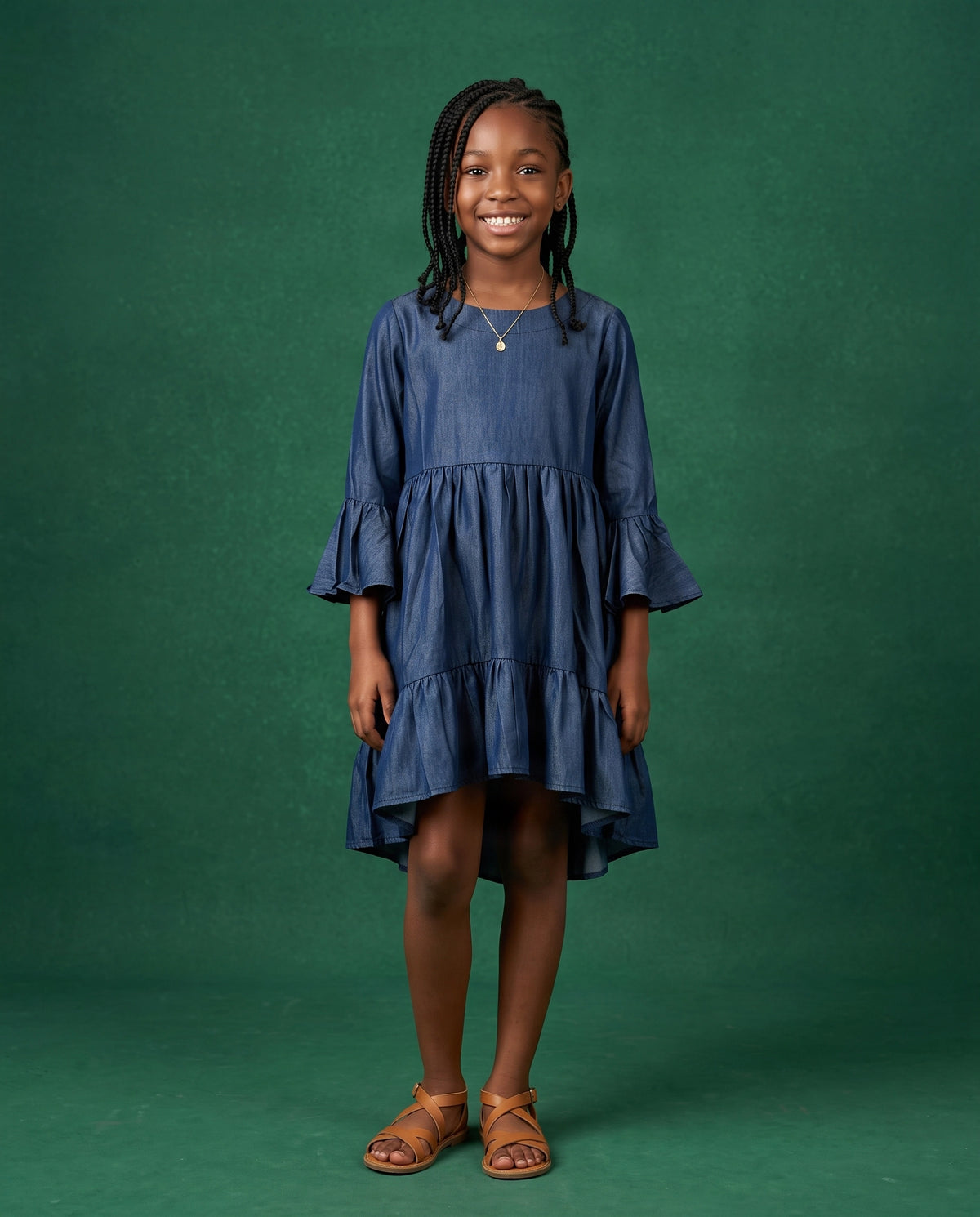 Girls' Tiered Denim Ruffle-Sleeve Dress Dark Wash