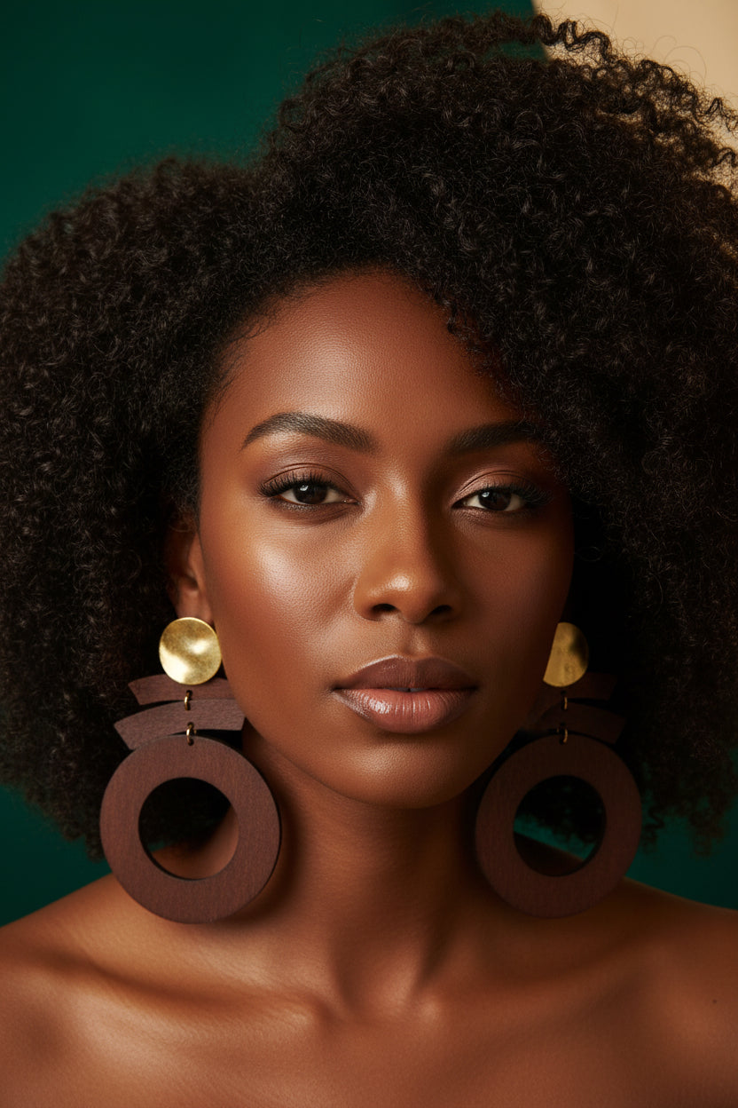 Bold Statement Earrings - Geometric Wood & Gold Drop Dangles