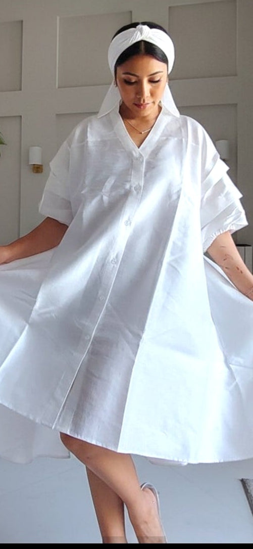 Swing Dress/ Faux Silk / Ruffle Sleeve
